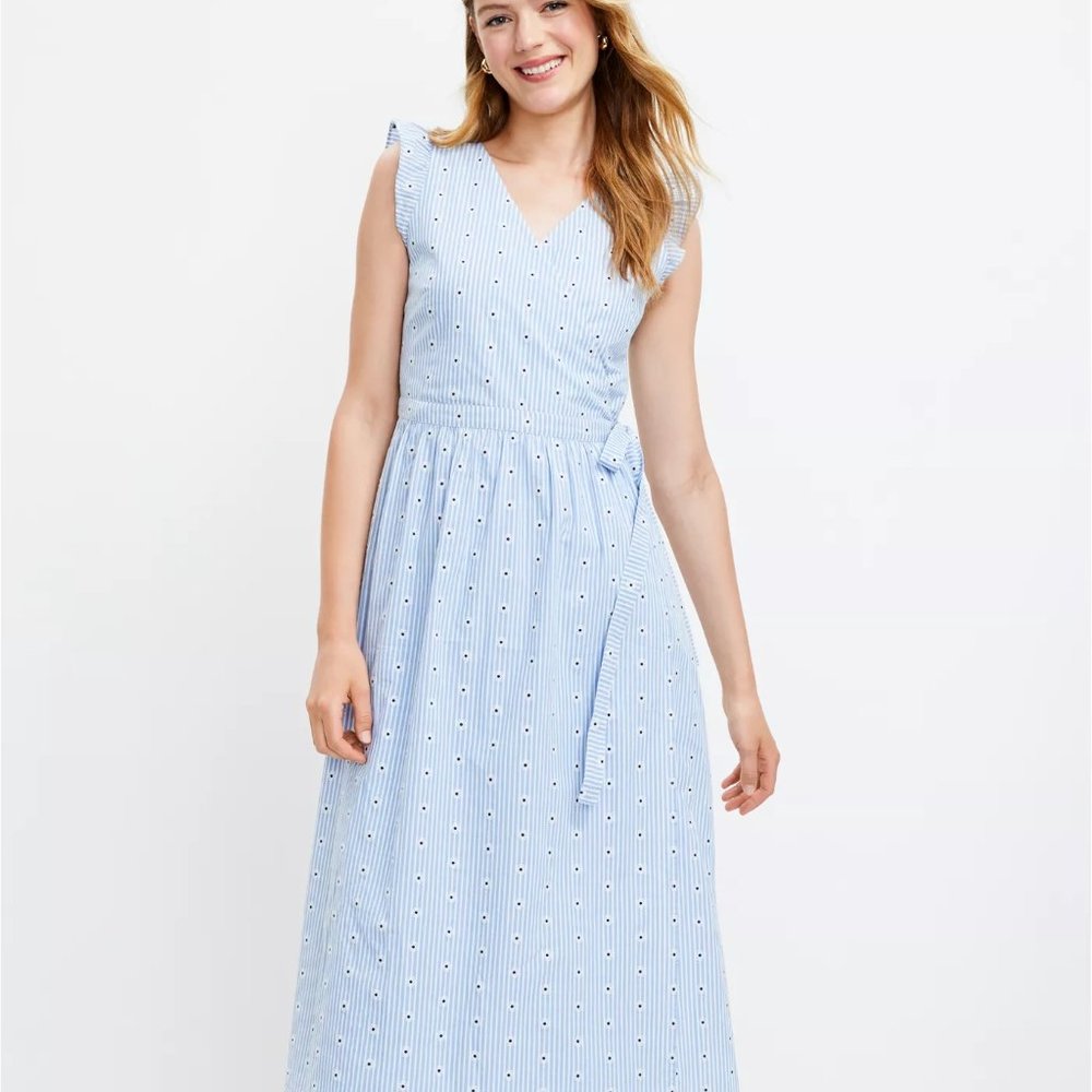 NWT Loft Eyelet Ruffle Sleeve Midi Wrap Dress Light Blue Stripe